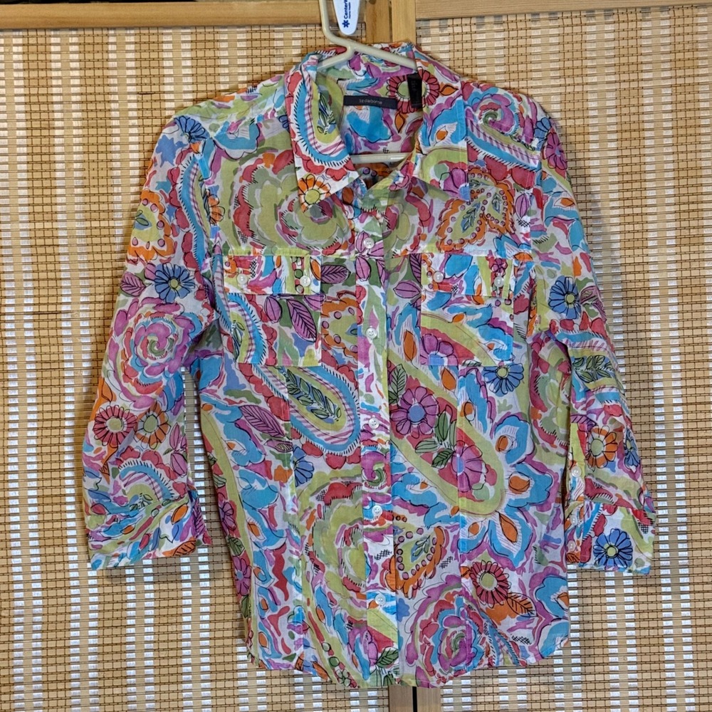 Liz Claiborne Womens Large Paisley Floral Button Down Shirt 3/4 Sleeve Multi